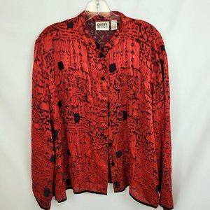 Chico's Design Sz 3 (XL/16) Red Black Silk Blend Burn Out Shirt Jacket Lagenlook